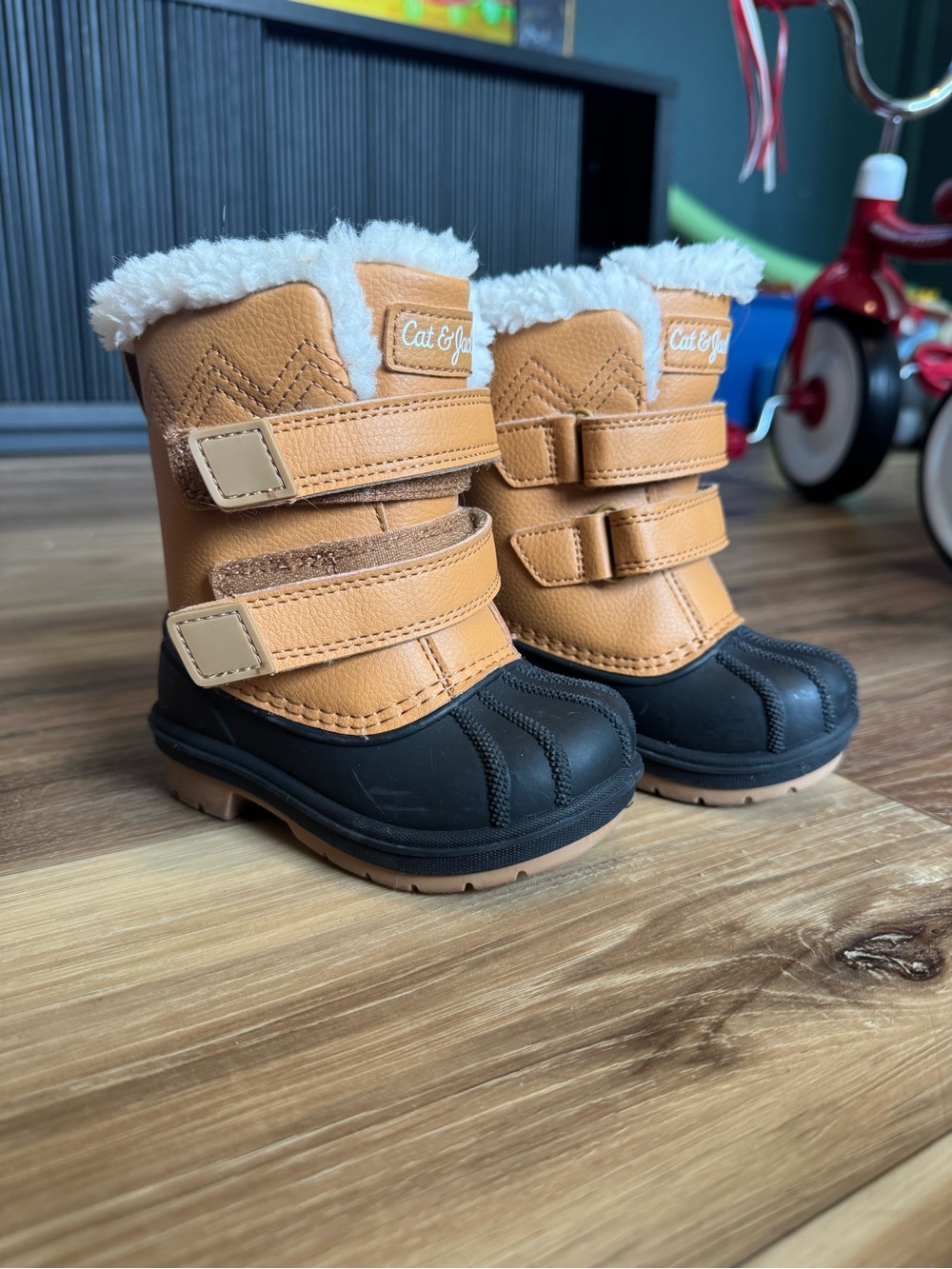 Cat & Jack Tan and Black Kids Snow Boots with Faux-Fur Cuff